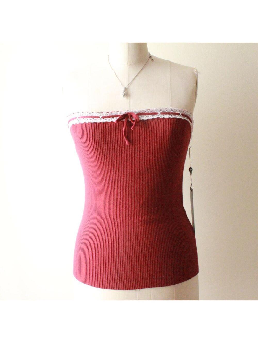 New With Tags Burgundy Emerson Lang Ribbed Lace Trim Strapless Tube Top Y2K Coqu